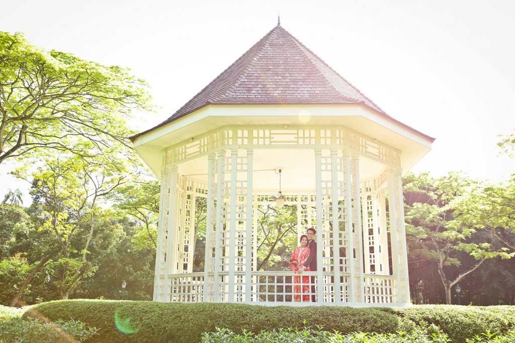 White garden gazebo decorated for outdoor wedding ceremony in Singapore park