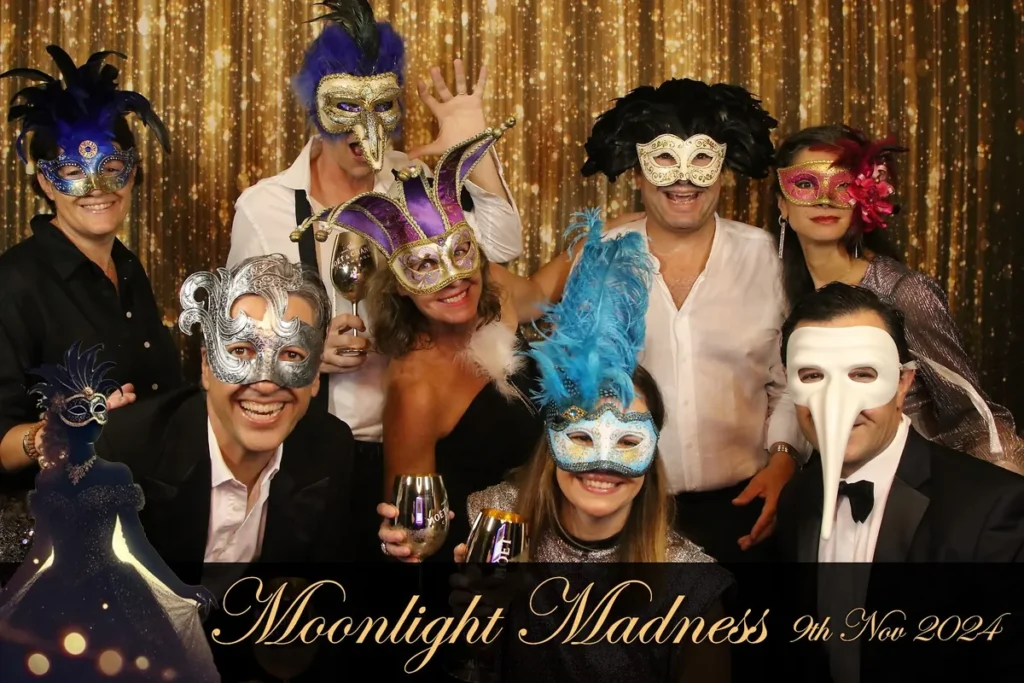 Corporate event photo booth sample with branded backdrop in Singapore