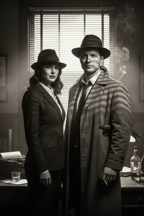 Film Noir Detective AI photo booth portrait — iSnap Photography Singapore