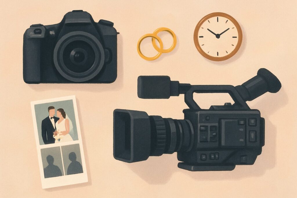 Actual day wedding package elements: photography, videography and instant photo prints — illustration