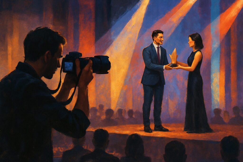 Event photographer covering an award presentation at a corporate dinner and dance in Singapore — illustration