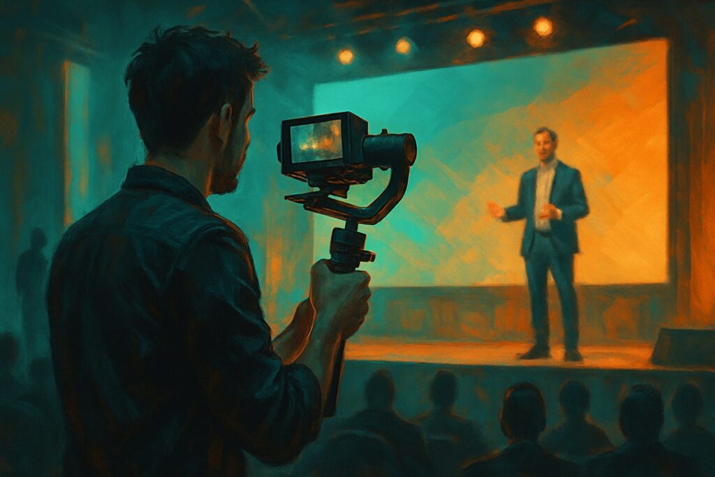 Event videographer filming a corporate event stage in Singapore — illustration