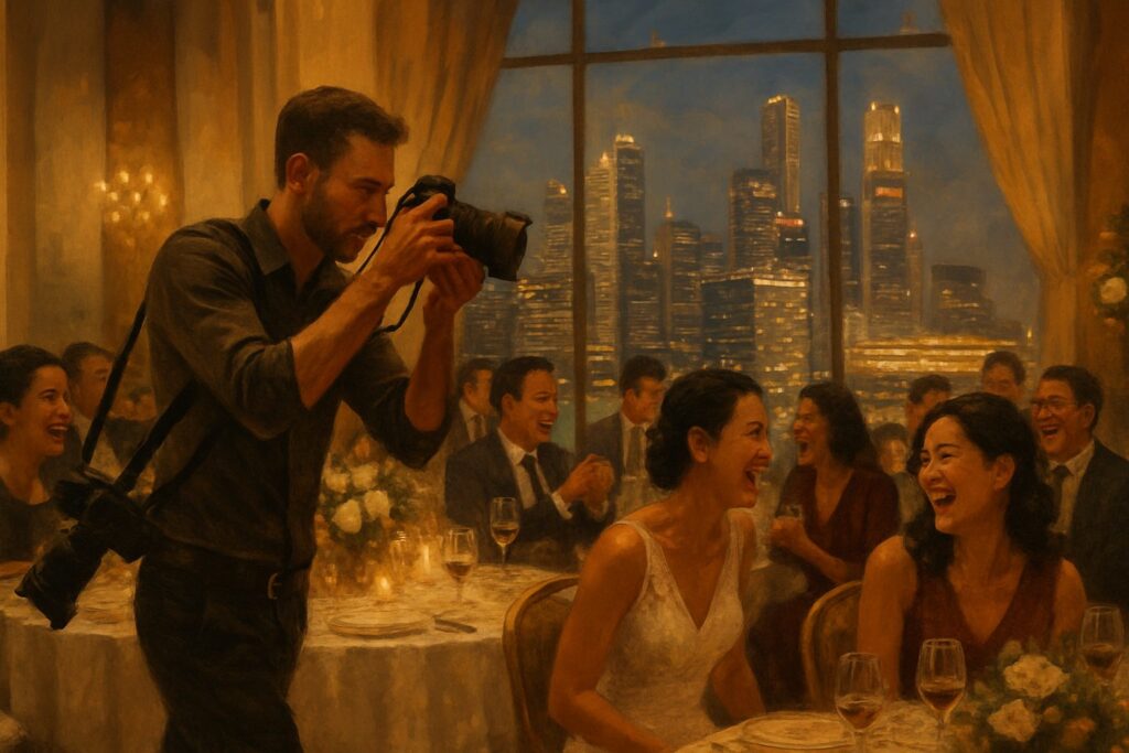 Roaming wedding photographer capturing guests table to table at a Singapore wedding banquet — illustration