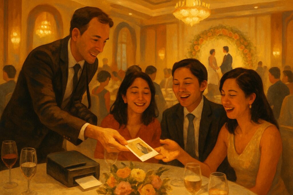 Roving photographer handing an instant printed photo to wedding guests at a Singapore ballroom banquet — illustration