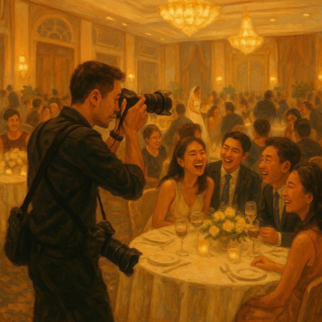 wedding roving photographer capturing candid banquet moments in Singapore — illustration