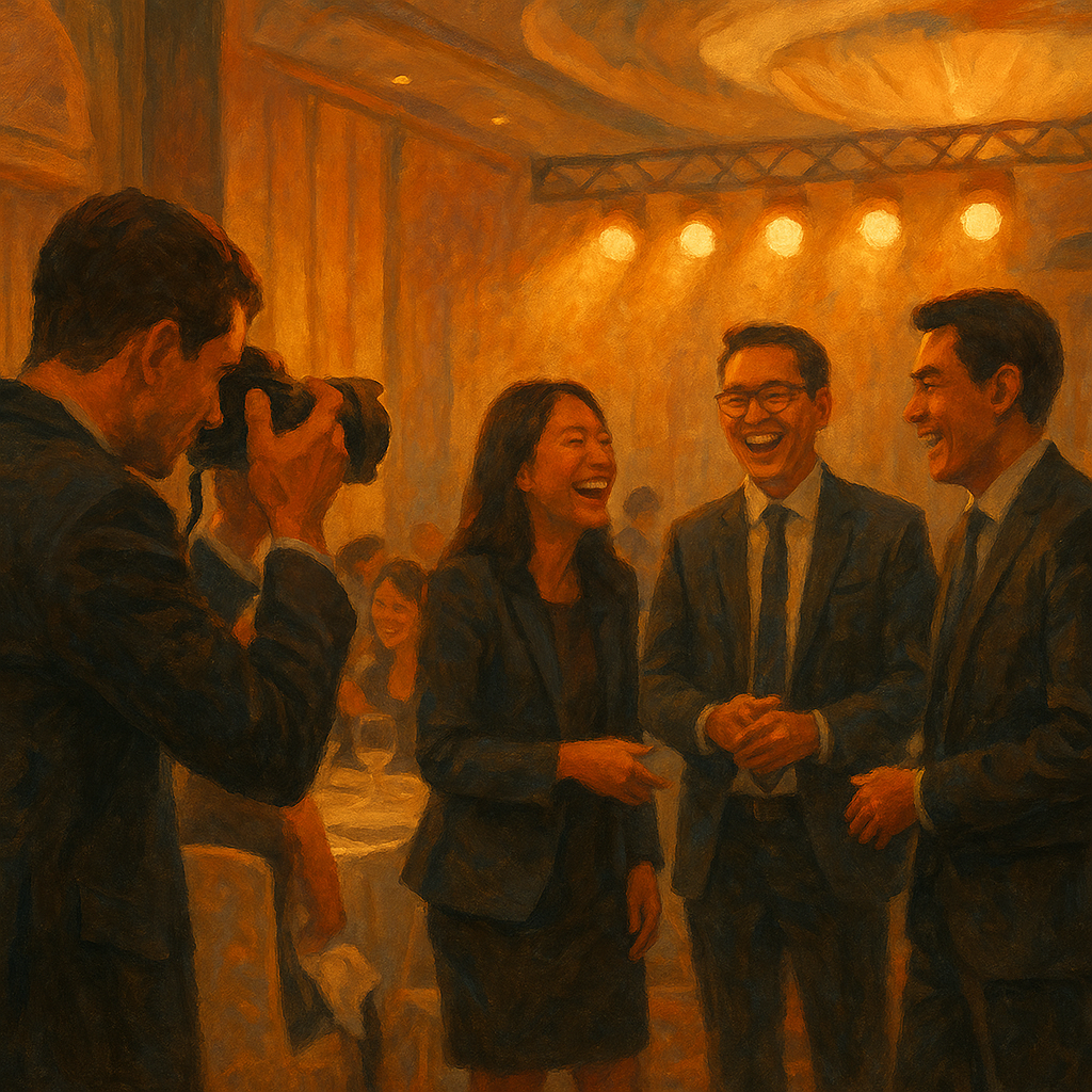 event roving photographer capturing candid moments at a Singapore corporate D&D — illustration