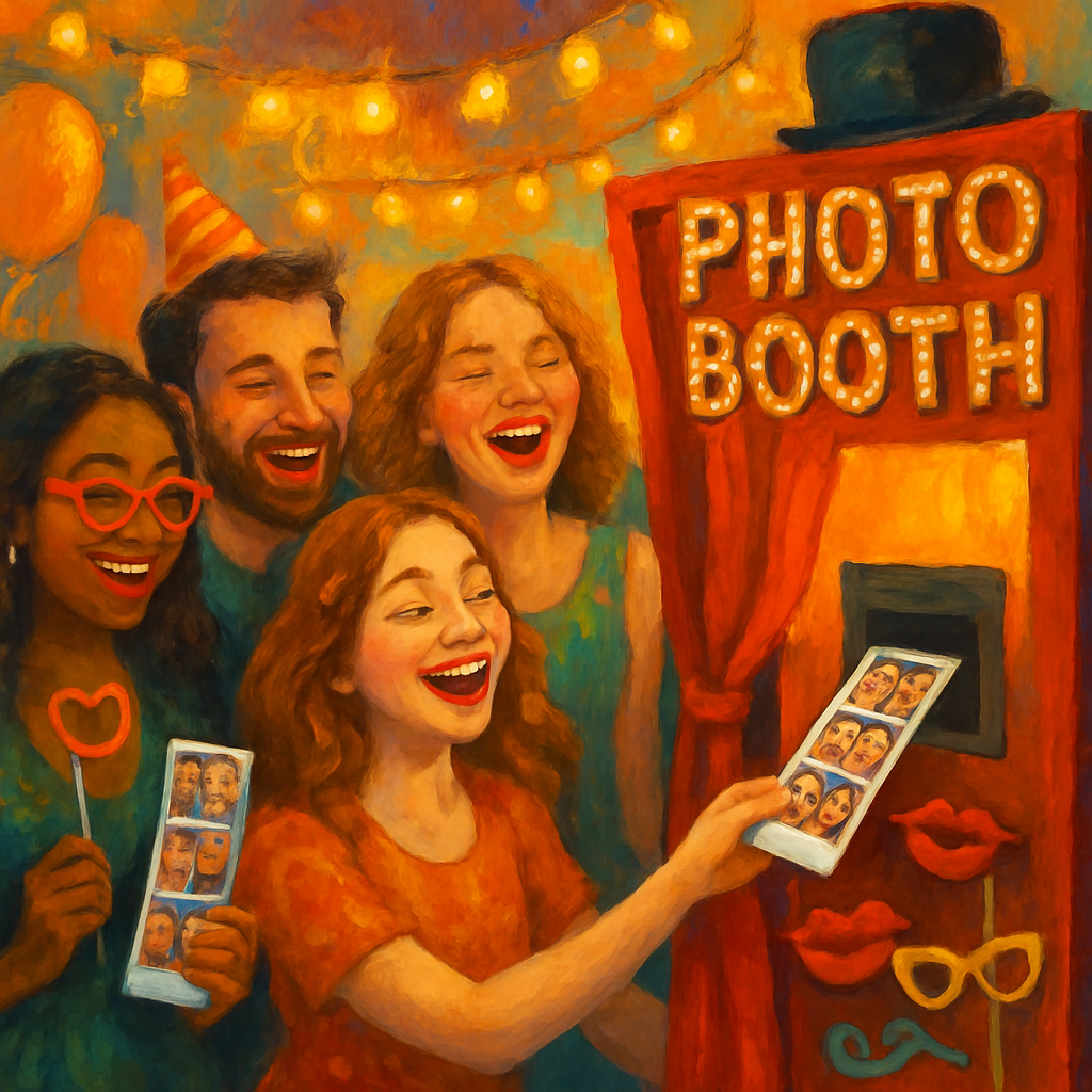 guests collecting instant prints from an instant photo booth in Singapore — illustration