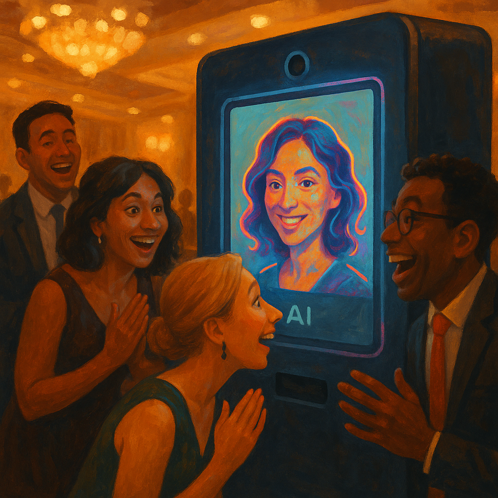 guests using an AI photo booth at a Singapore corporate dinner and dance — illustration