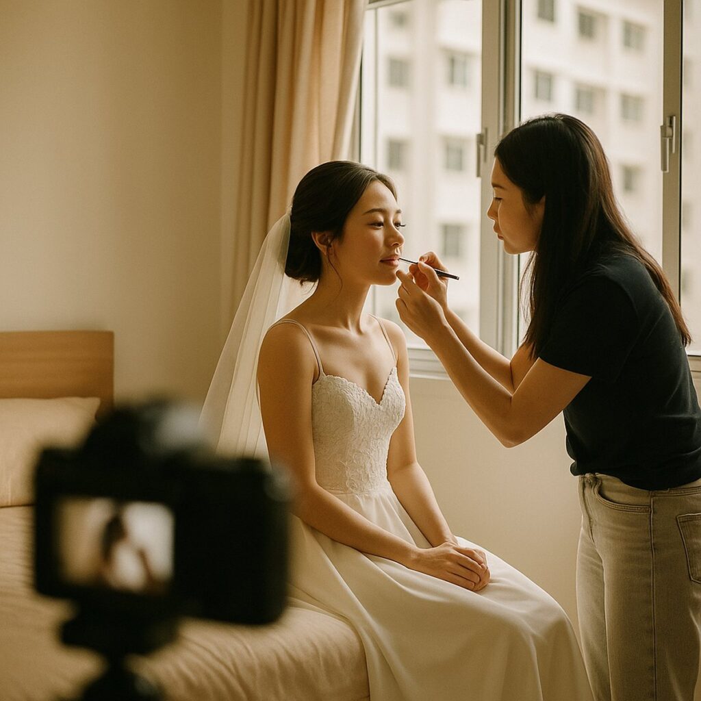 Bride having final makeup touches by a window before a Singapore actual day wedding