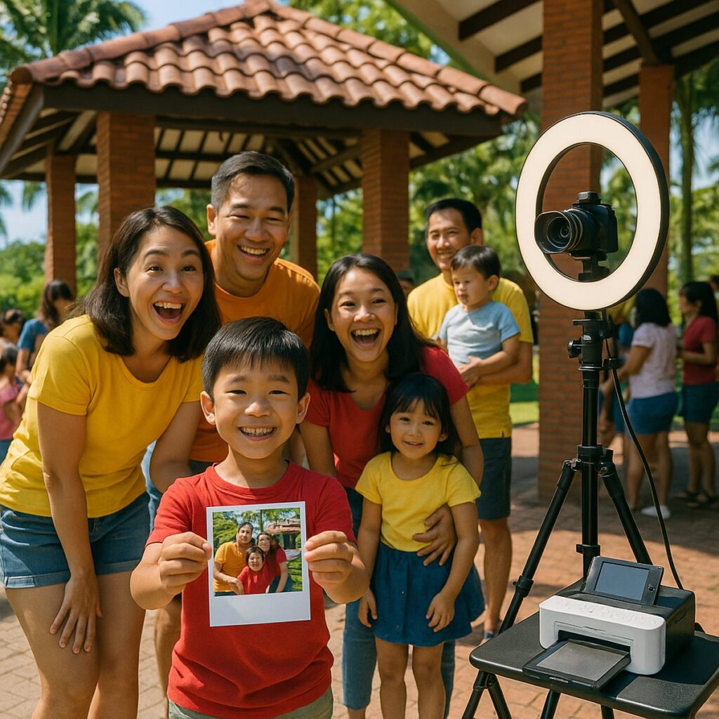 Families with children at an AI photo booth during a company family day in Singapore
