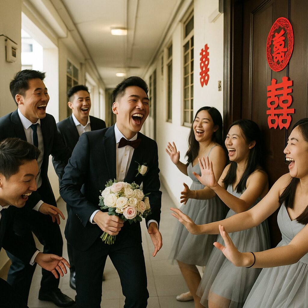 Groom and groomsmen laughing during a Chinese wedding gatecrash in a Singapore HDB corridor