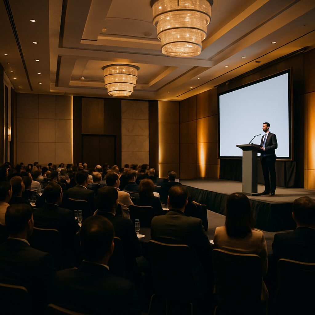 Speaker presenting on stage at a corporate conference in a Singapore hotel ballroom