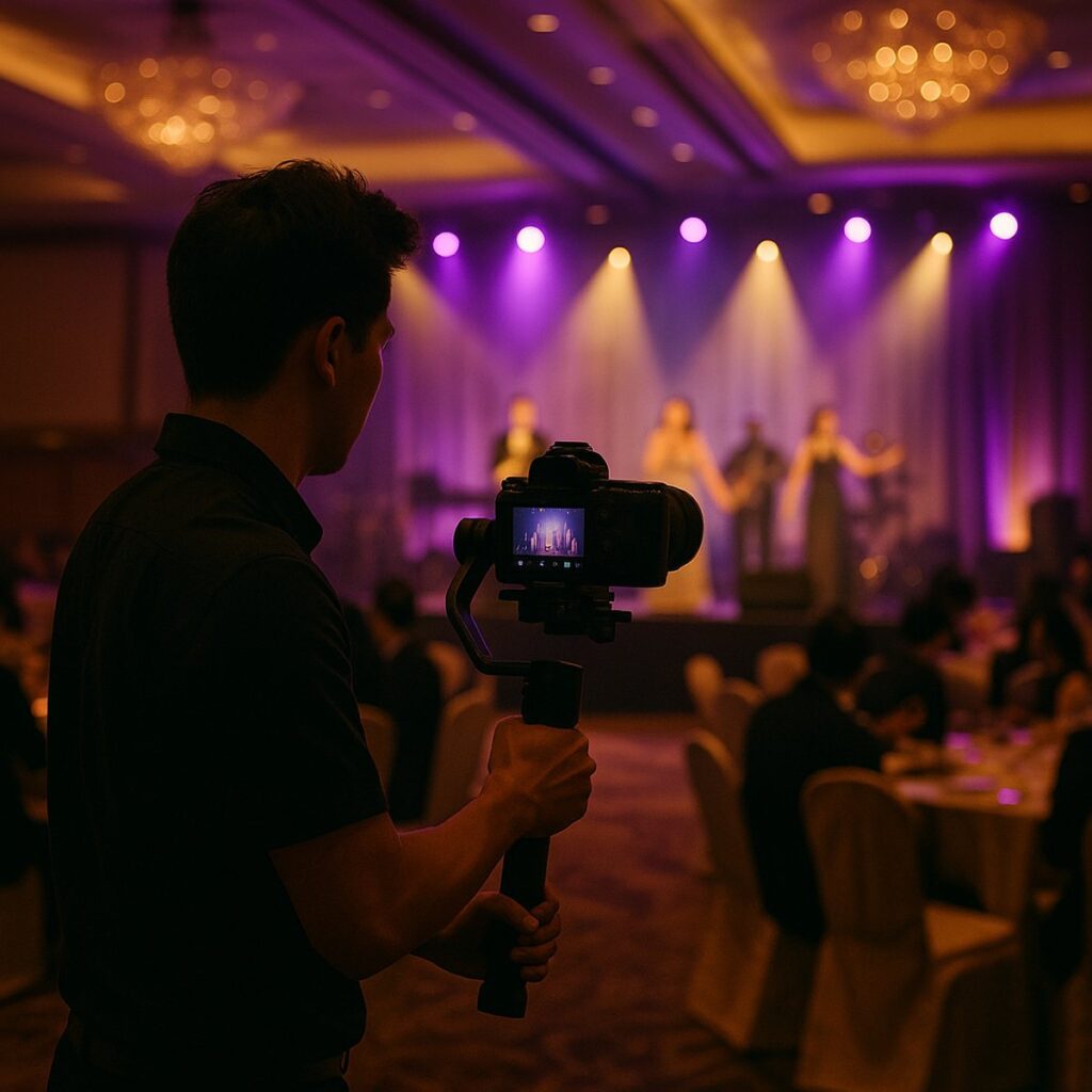 Videographer filming a corporate dinner and dance gala in a Singapore hotel ballroom