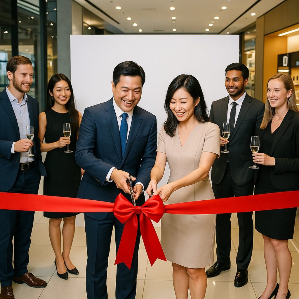 Ribbon cutting ceremony with guests at a product launch event in Singapore